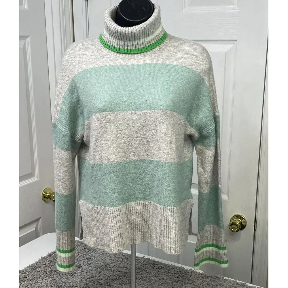 J Crew Women Gray Mint‎ Green Stripe Turtleneck Merino Blend Sweater XS